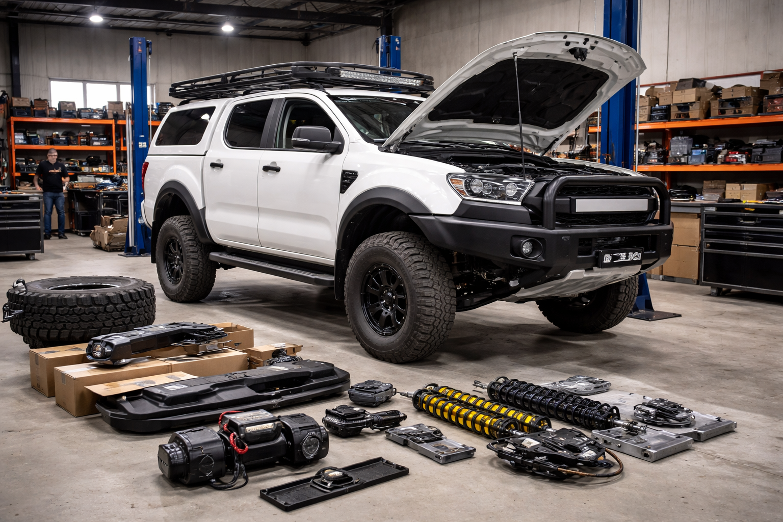 A new dual-cab ute (Ranger or HiLux) in the workshop mid-build, with some mods fitted and others waiting