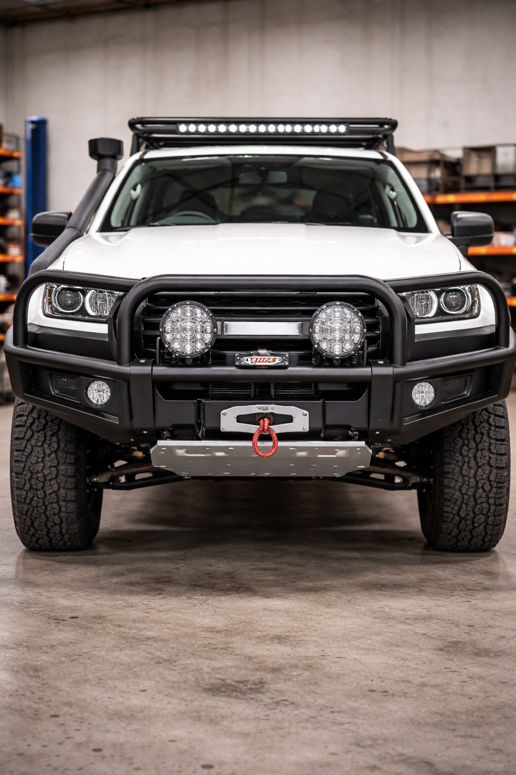 Steel bull bar fitted to a 4WD, front-on angle showing full coverage