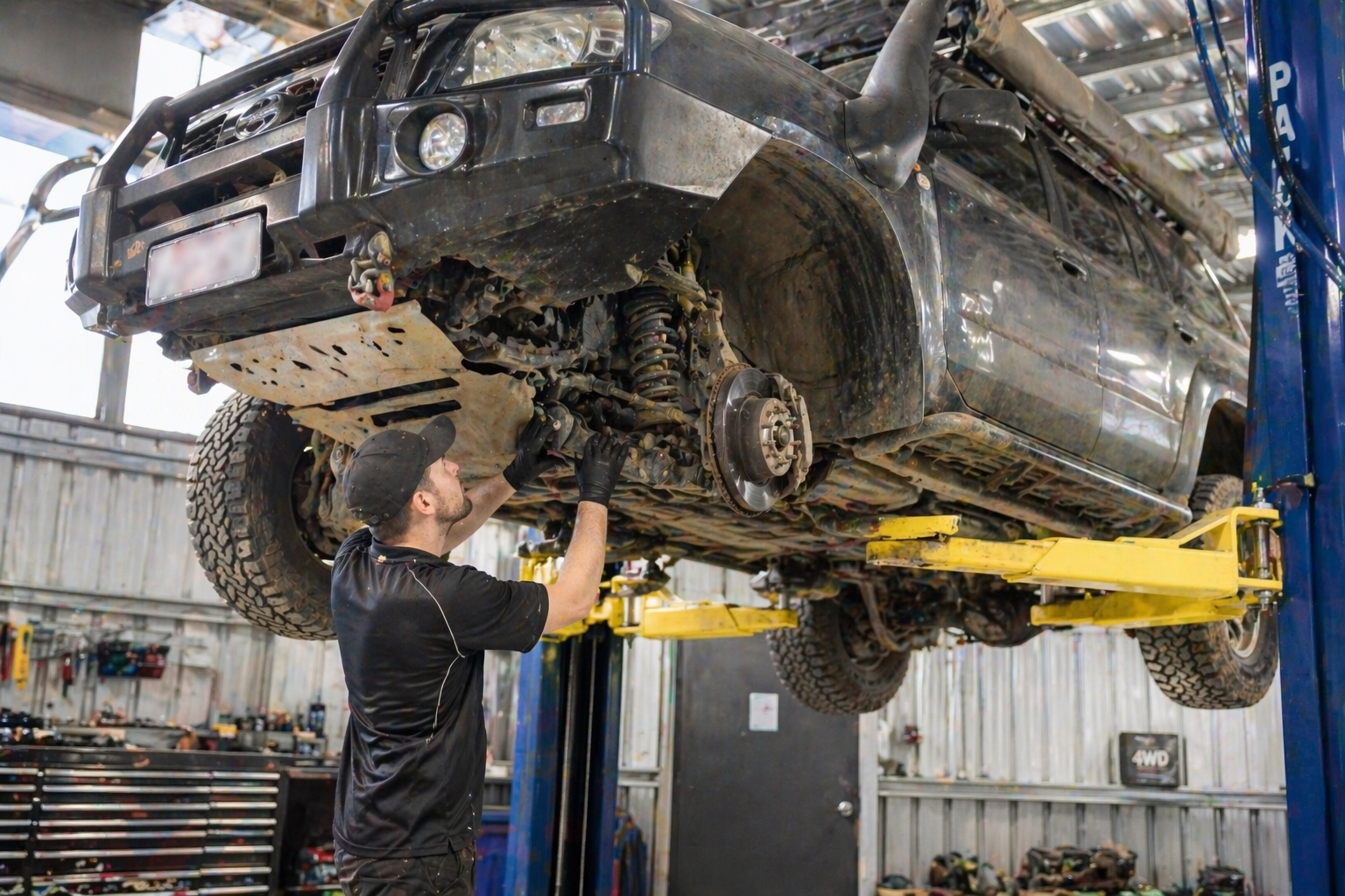 4WD on a hoist with a mechanic inspecting the underbody, brake, or suspension.