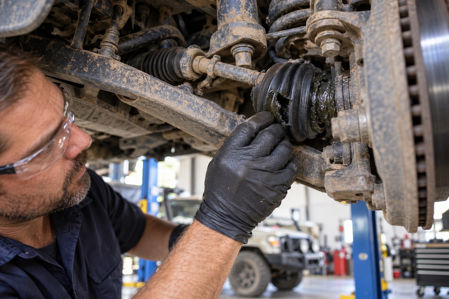Mechanic checking the front CV boot of a raised four-wheel-drive vehicle