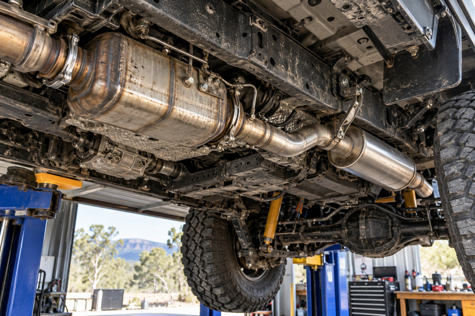 Underside of a hoisted diesel 4WD showing its exhaust filter, pipe and muffler.