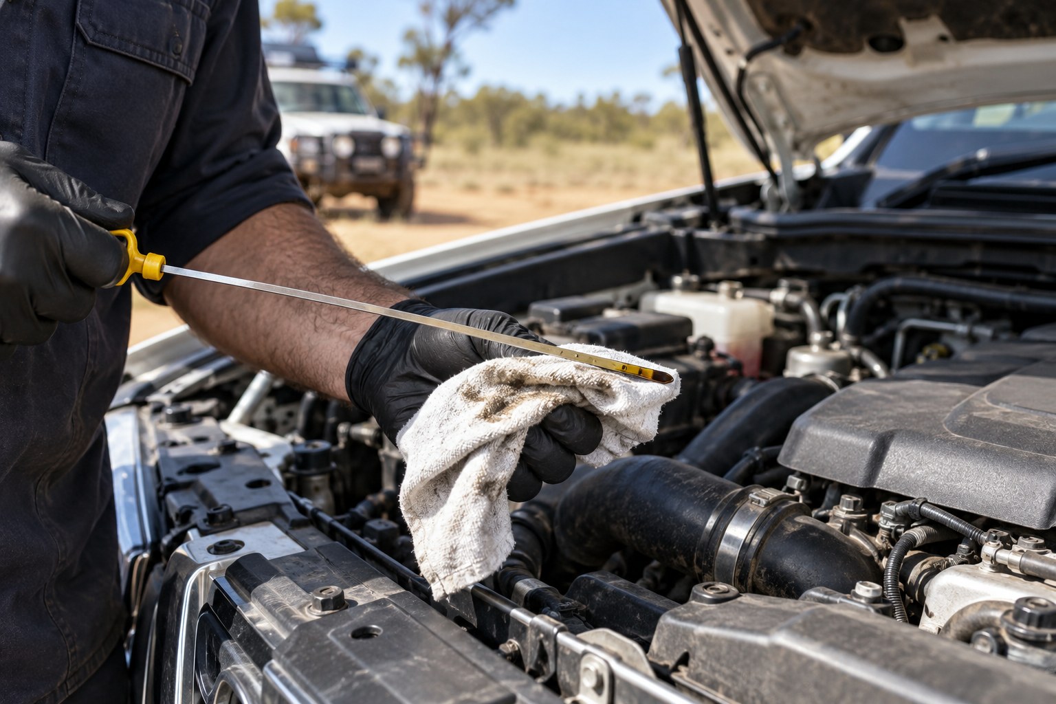 Mechanic checking the engine oil dipstick of a diesel vehicle