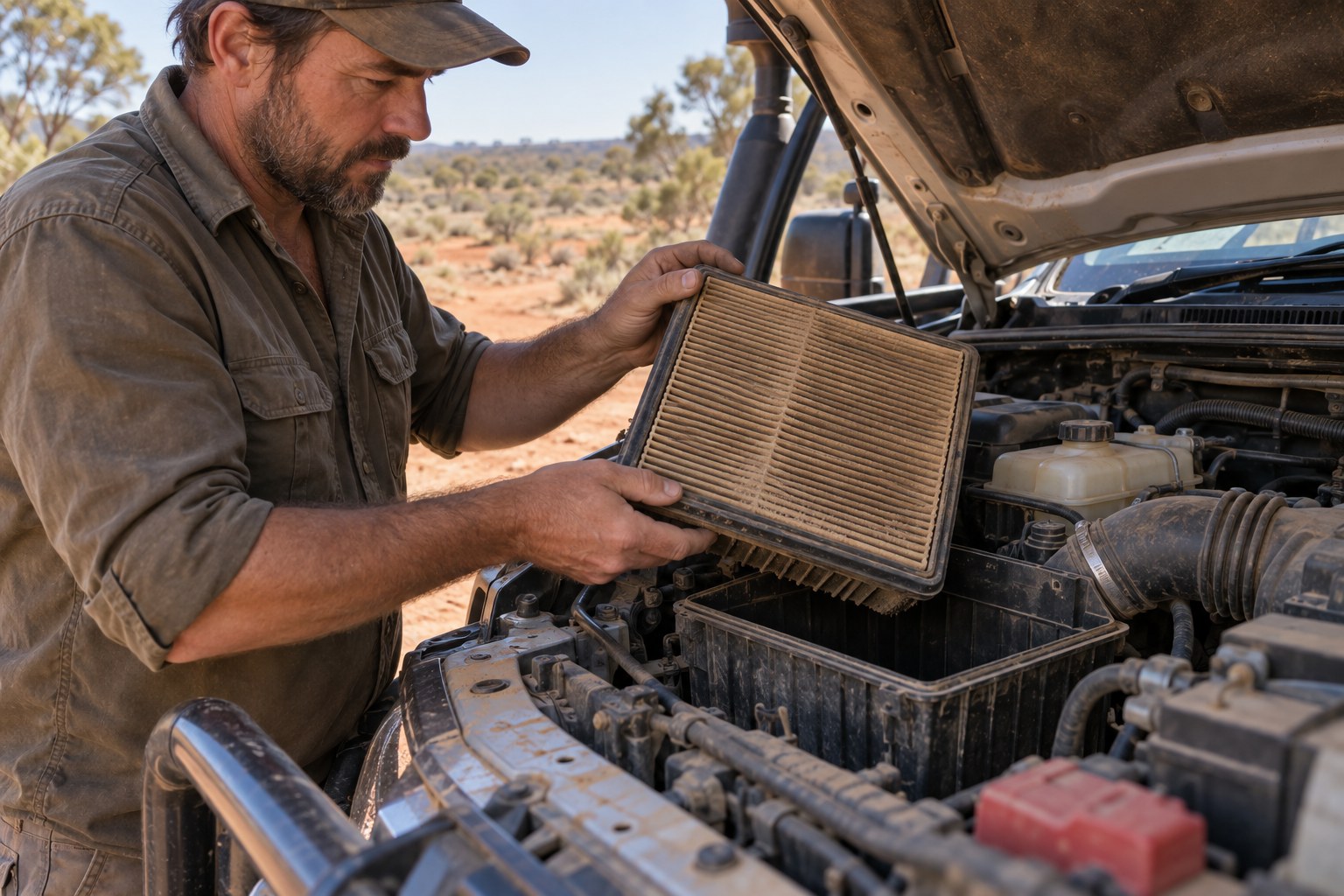 Mechanic removing a dusty engine air filter from a four-wheel-drive vehicle