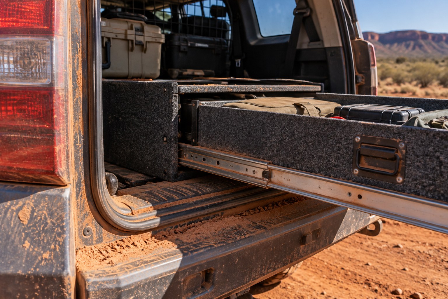 Red dust settled around the open rear cargo area of a four-wheel-drive vehicle