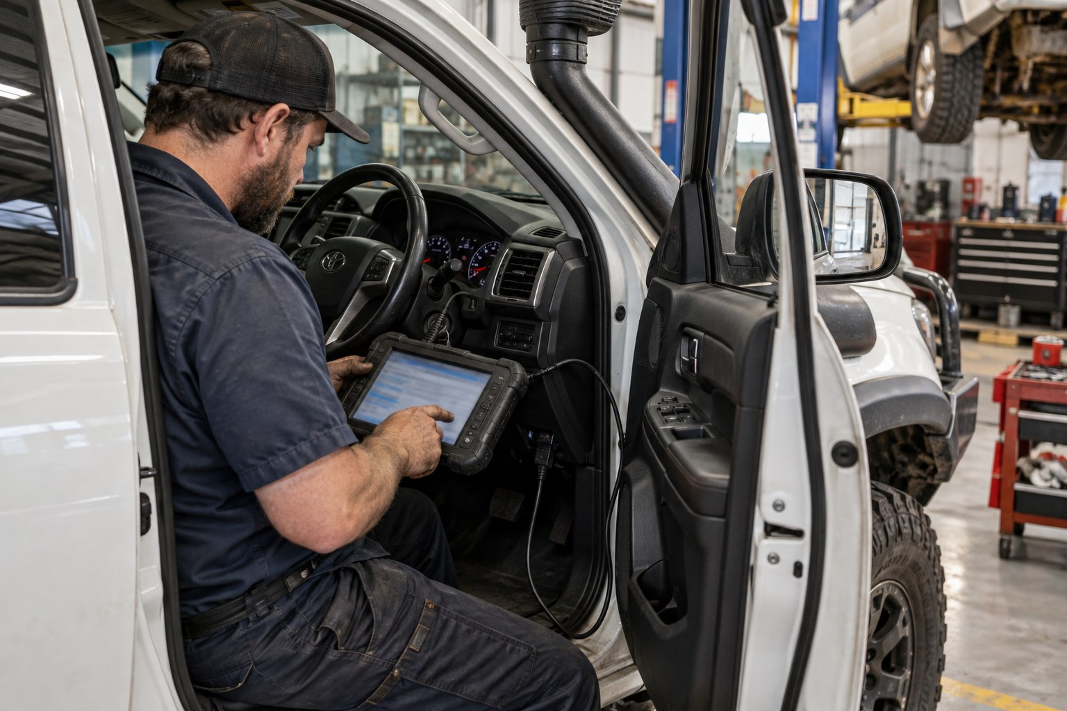 Mechanic using a diagnostic scan tool inside a four-wheel-drive vehicle