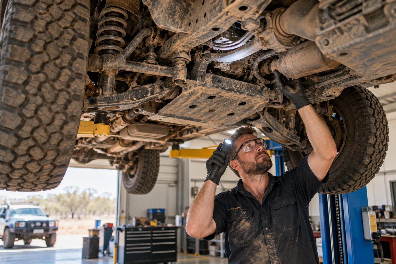 Mechanic inspecting the underside of a four-wheel-drive vehicle on a hoist