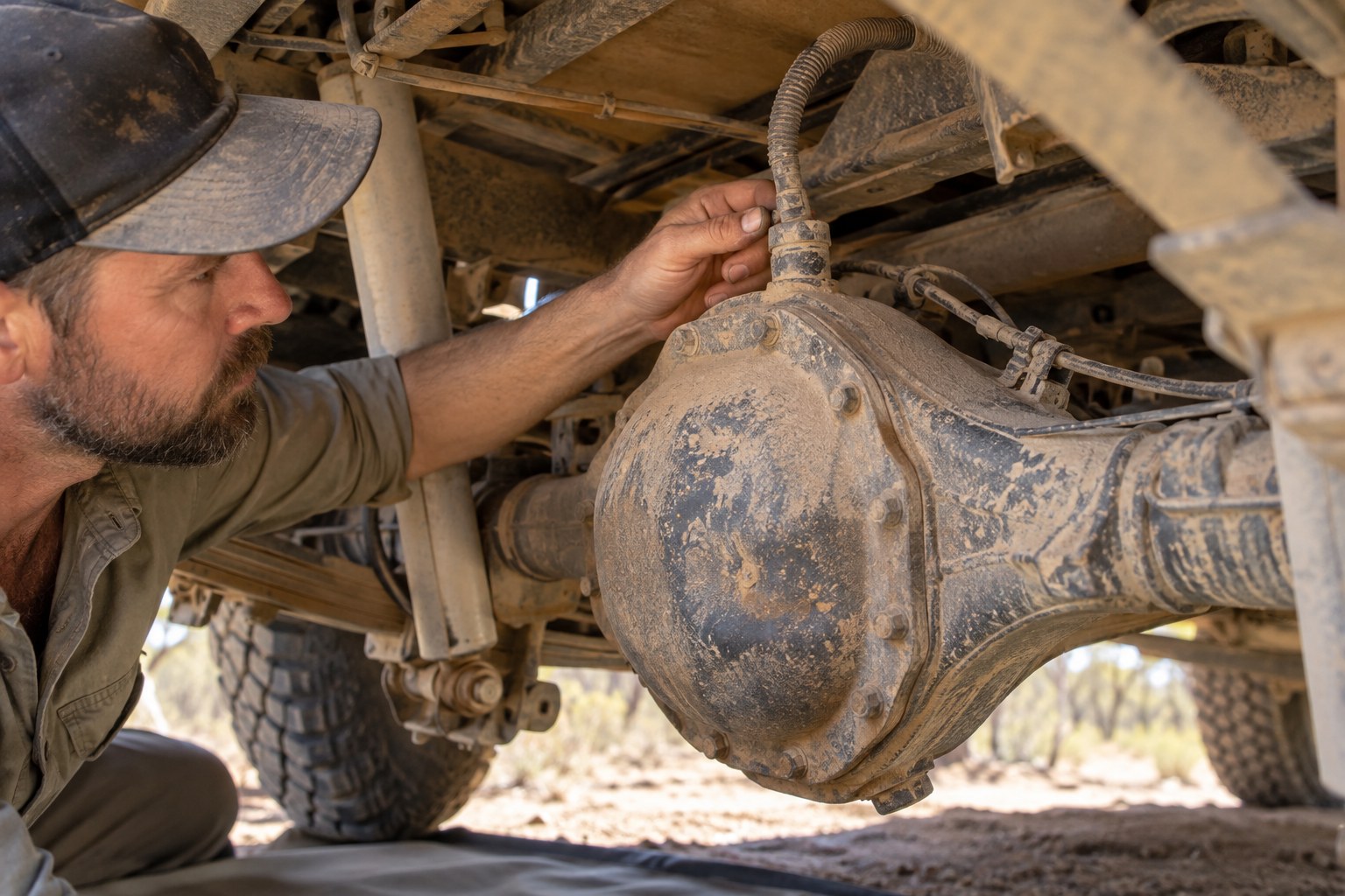 Mechanic inspecting the dusty rear differential of a four-wheel-drive vehicle