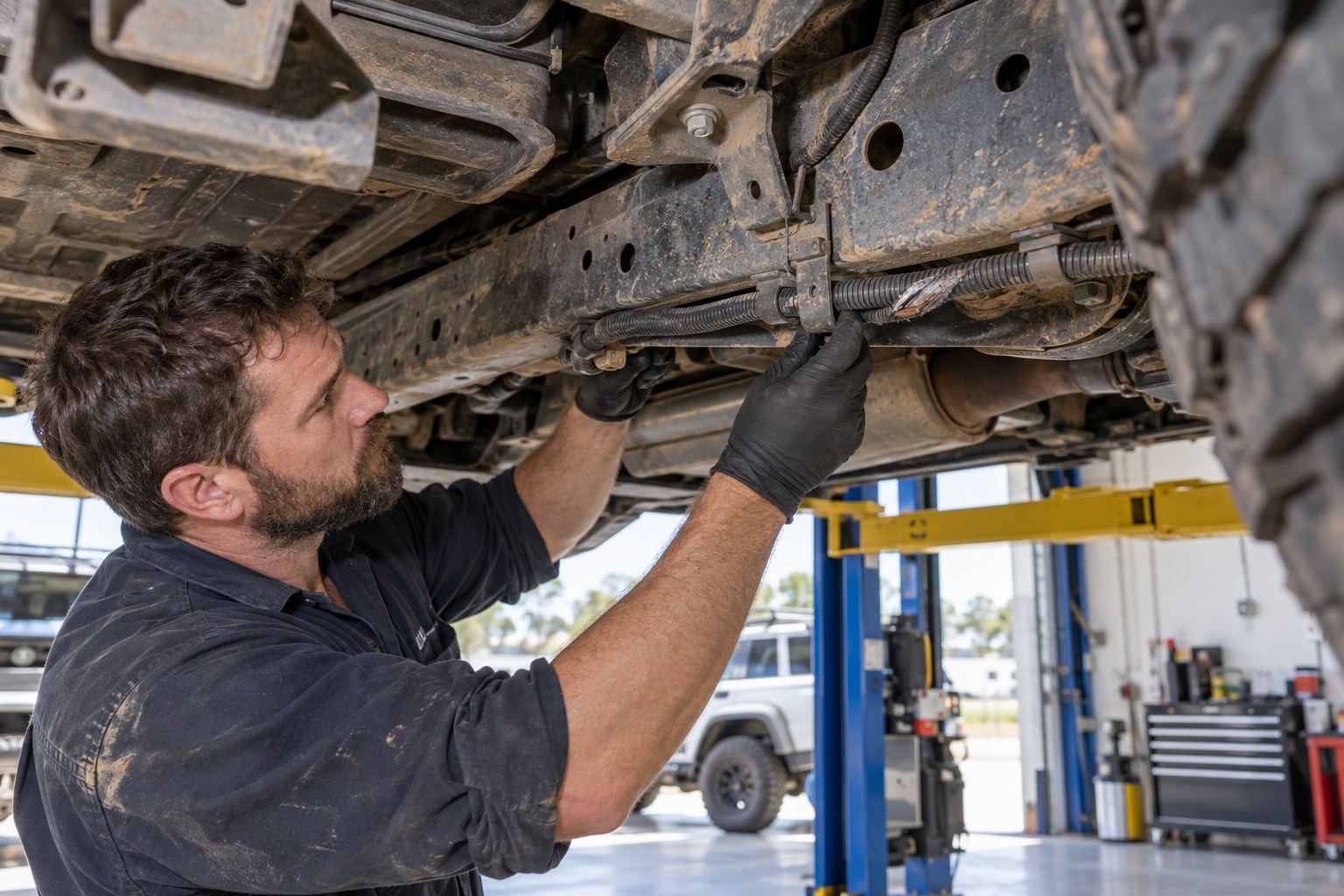Mechanic inspecting wiring along the underside of a four-wheel-drive vehicle