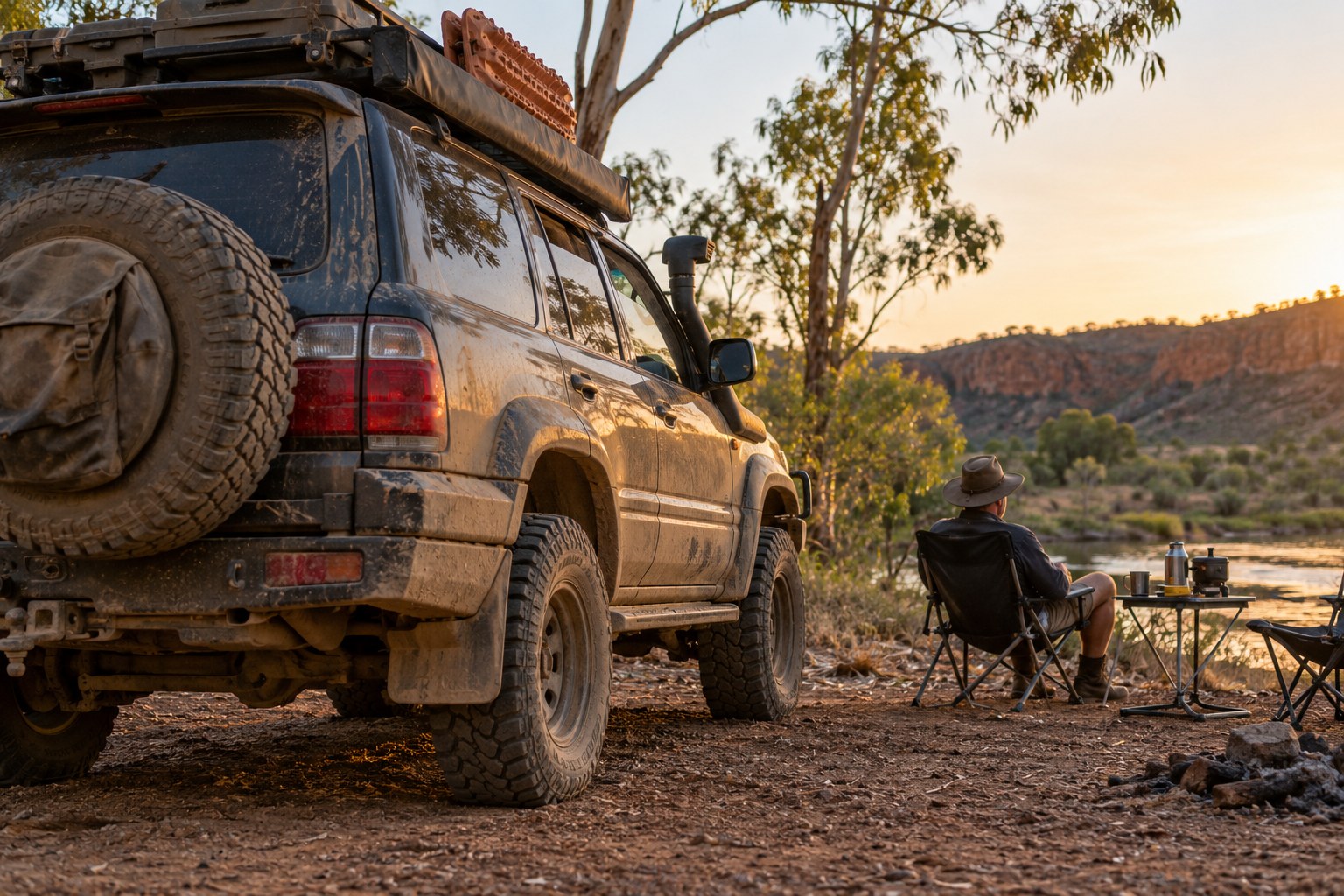 Dusty four-wheel-drive vehicle parked at a bush campsite