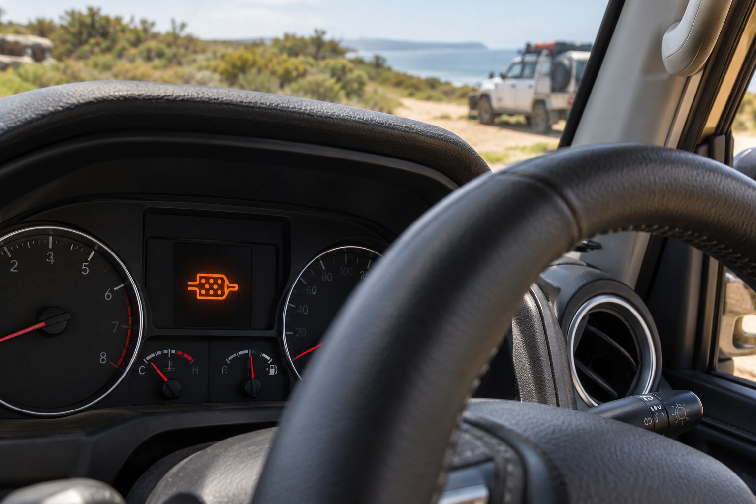 Amber diesel filter warning light illuminated on a vehicle dashboard