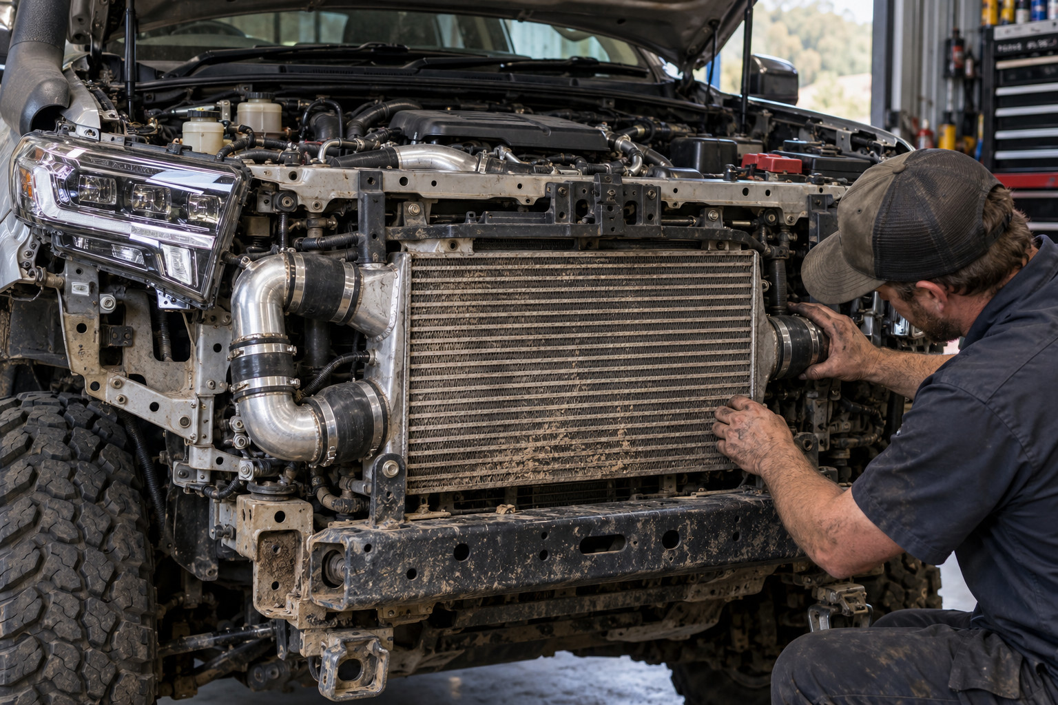 Mechanic inspecting the front-mounted intercooler and charge piping of a diesel 4WD.