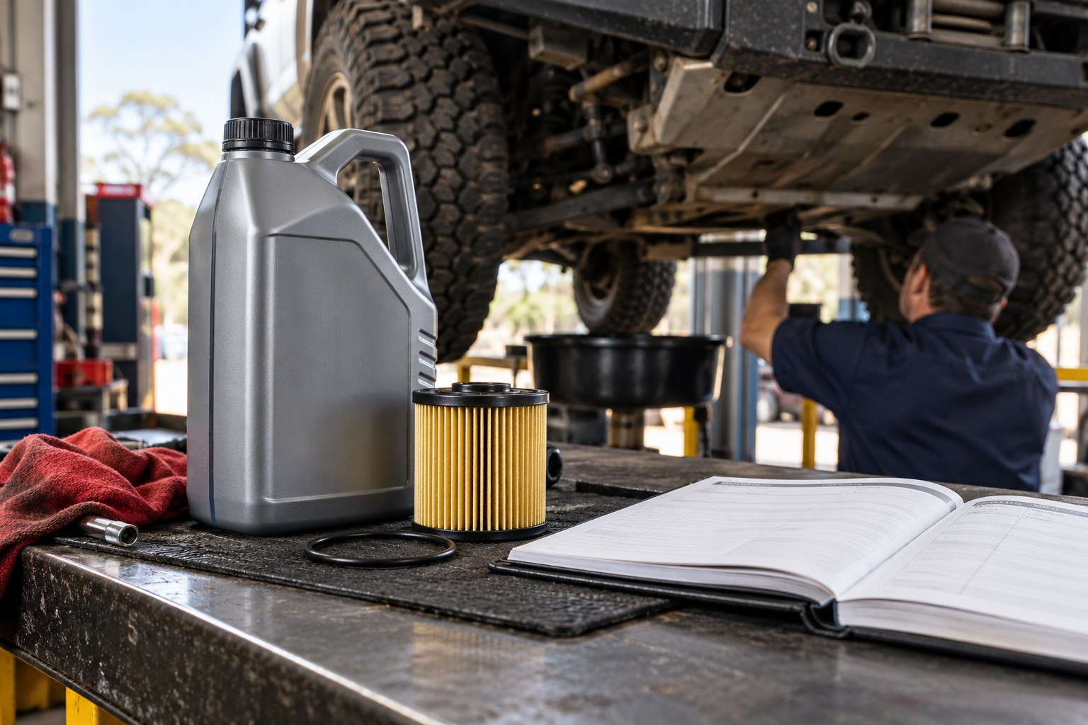 Diesel service supplies beside a four-wheel-drive vehicle on a hoist