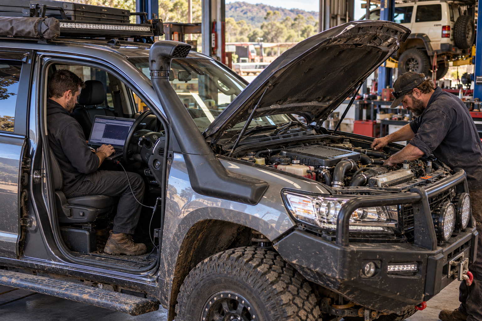 Technician using a diagnostic laptop inside a 4WD while another checks the engine bay.