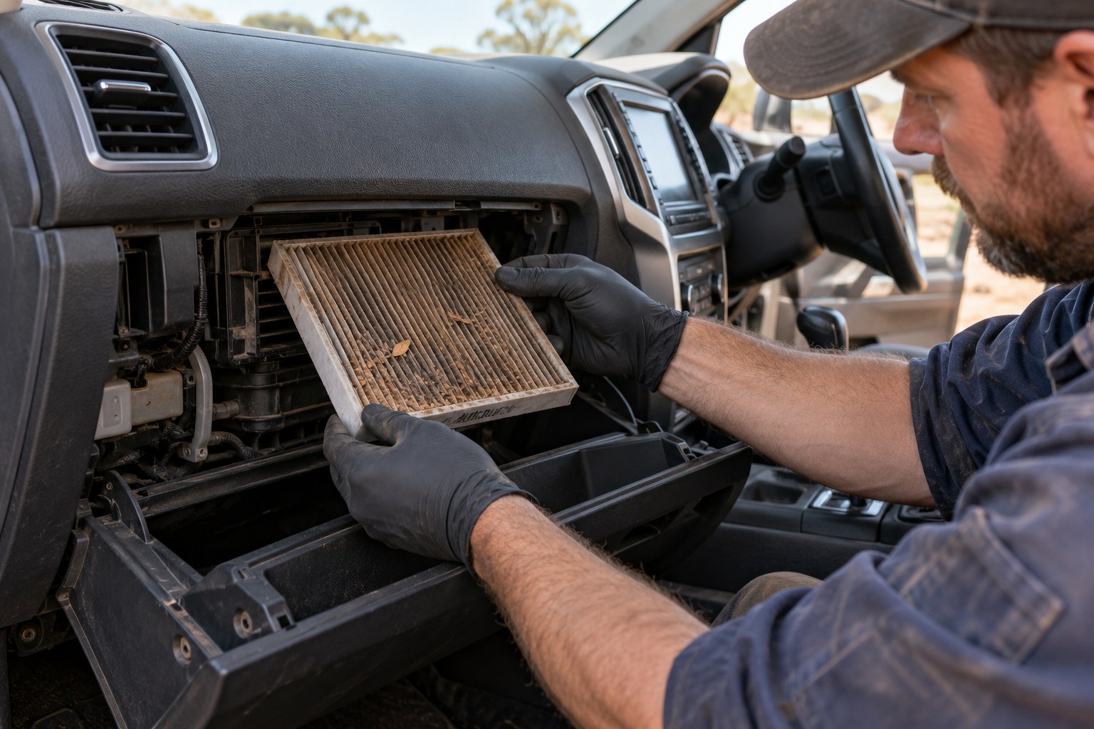 Mechanic removing a dusty cabin filter from behind a glove box