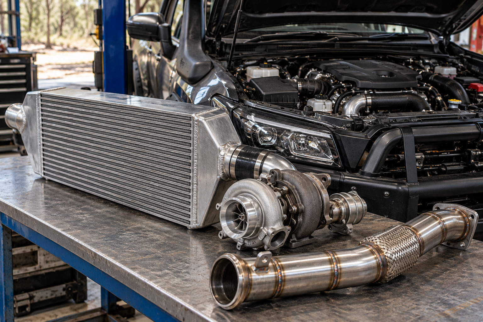 Intercooler, turbocharger and exhaust section displayed beside a diesel 4WD in a workshop.