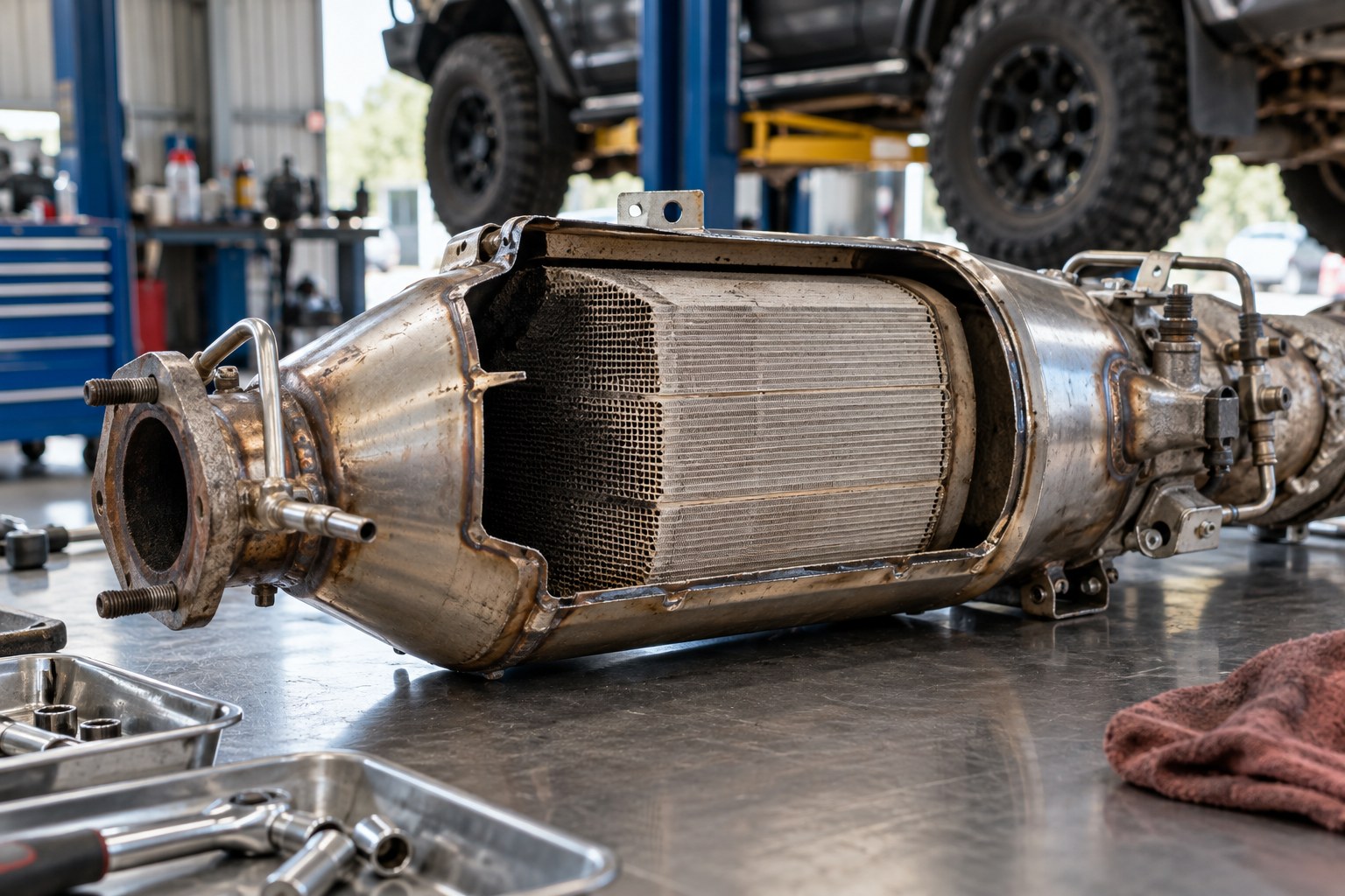Diesel particulate filter housing and ceramic core on a workshop bench