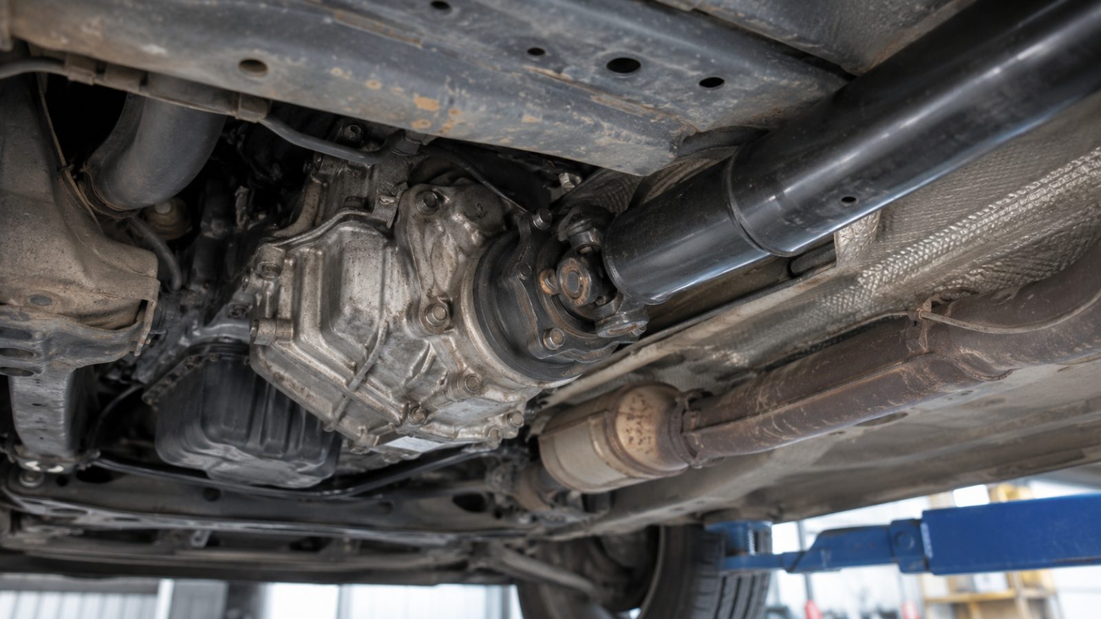 Underbody view of 4WD driveline showing gearbox and tailshaft on a workshop hoist