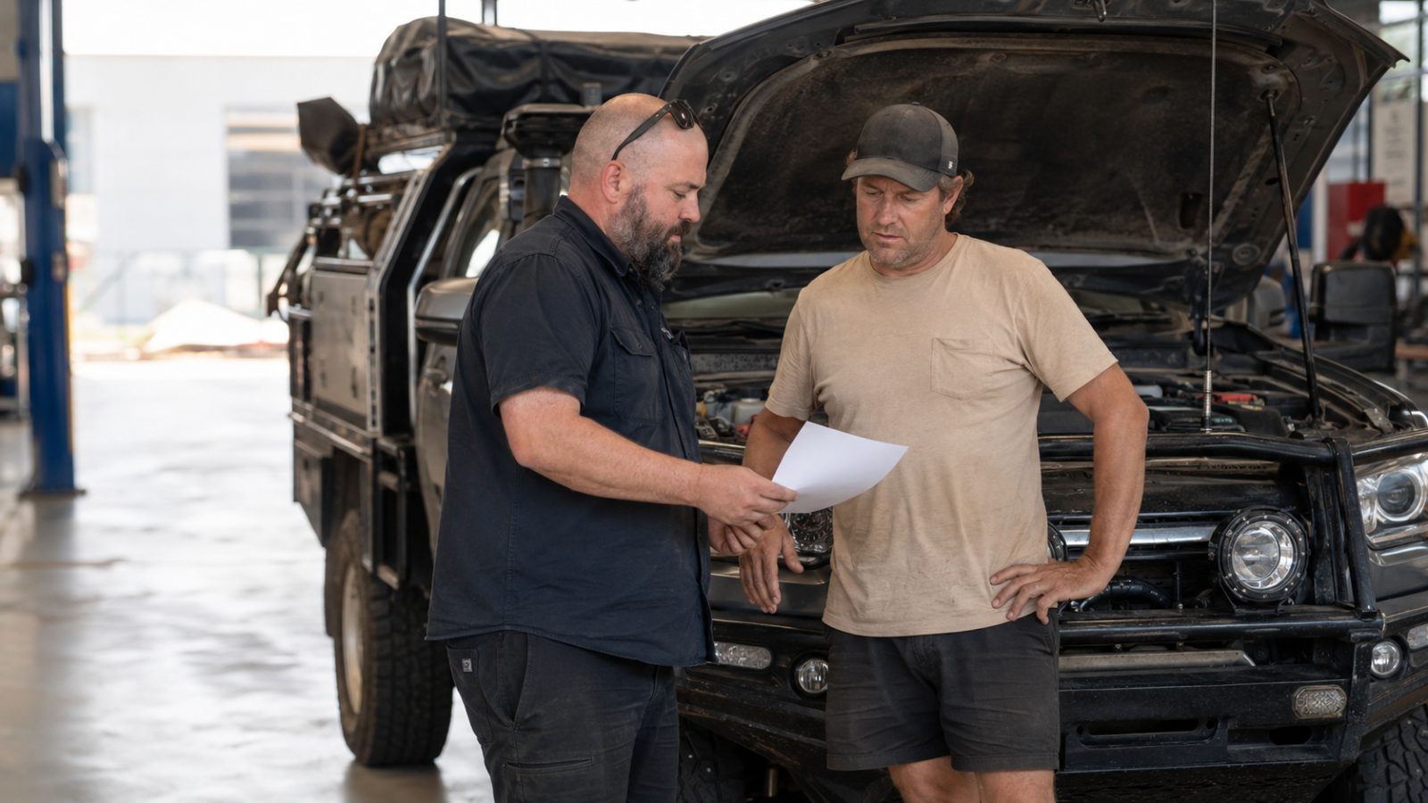 Owner and technician reviewing a 4WD performance upgrade quote with the bonnet up in a workshop